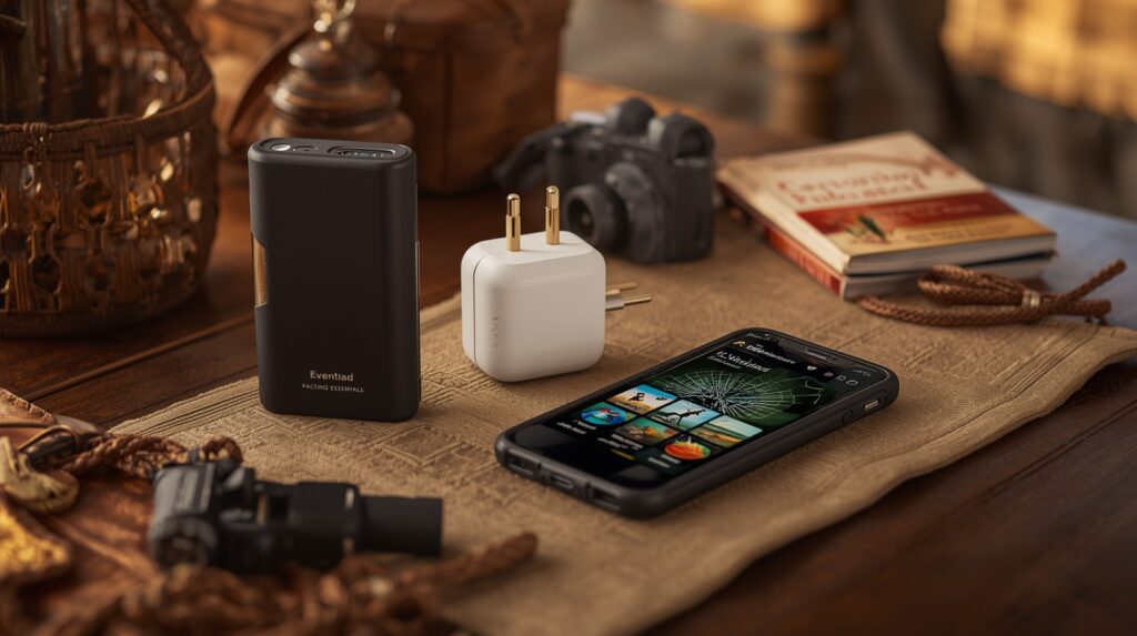 Power bank, universal travel adapter, and smartphone displaying wildlife identification apps on a wooden table at a safari lodge — technology essentials for a complete safari packing checklist