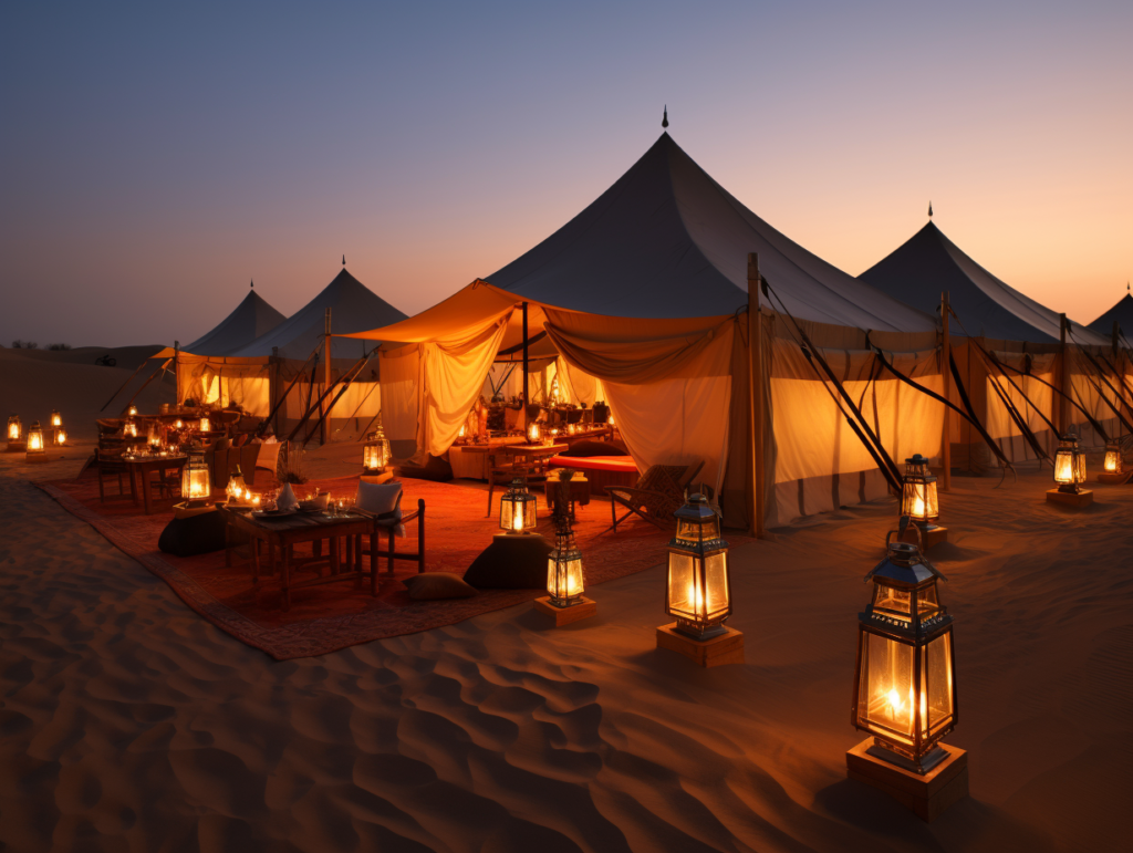 Dubai Safari 3 Dubai safari overnight camp — luxury Bedouin tent under a starlit Arabian Desert sky, overnight Dubai safari package