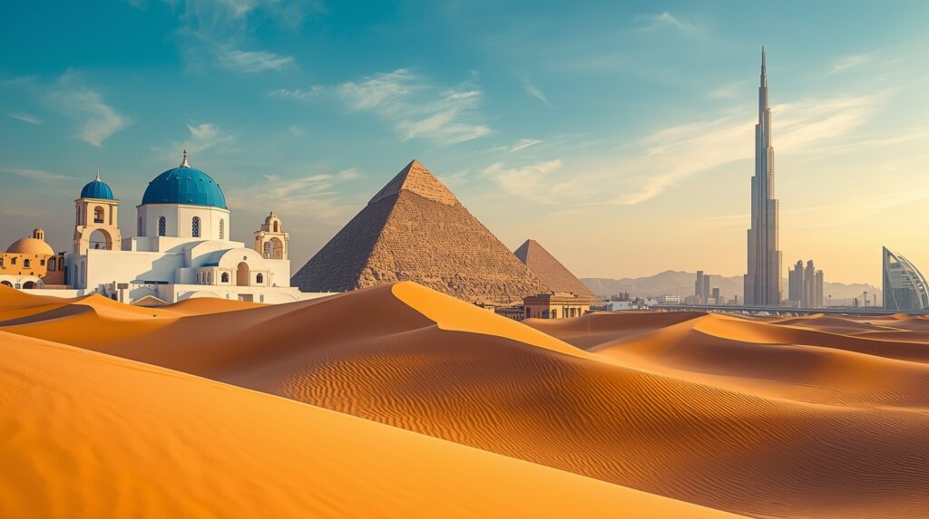 Armani Tours and Travel destinations — Masai Mara safari, Sahara Desert Morocco, Santorini Greece, Egypt pyramids and Dubai desert adventures