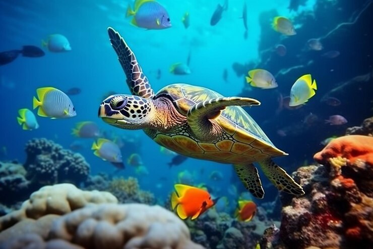 Sea turtle and colorful tropical fish encountered during Mombasa Marine National Park tour snorkeling