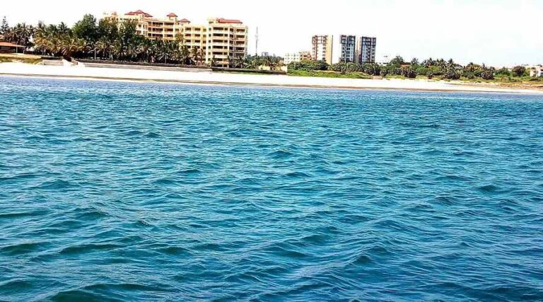 Aerial view of Mombasa Marine National Park coastline showing turquoise waters and coral reefs