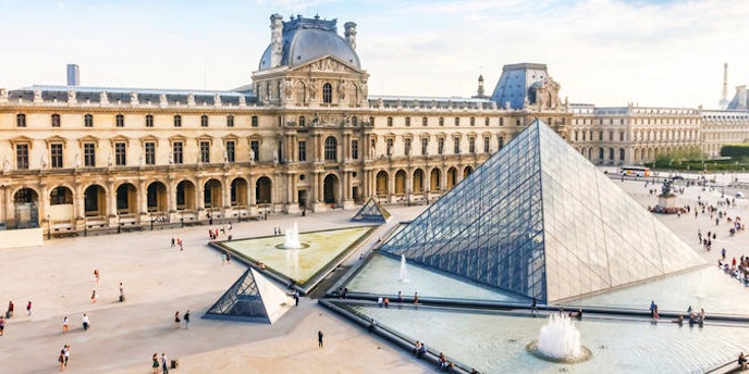 France Tours 4 Louvre Museum glass pyramid with palace architecture in Paris, world-famous France tours attraction