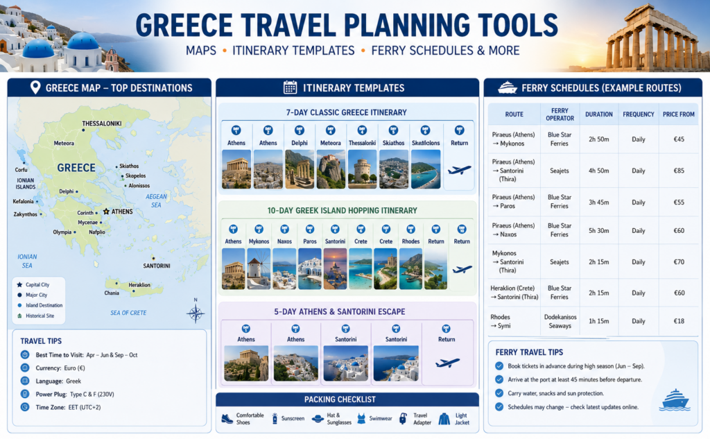Greece Tours 4 Greece travel planning tools including maps, itinerary templates, ferry schedules