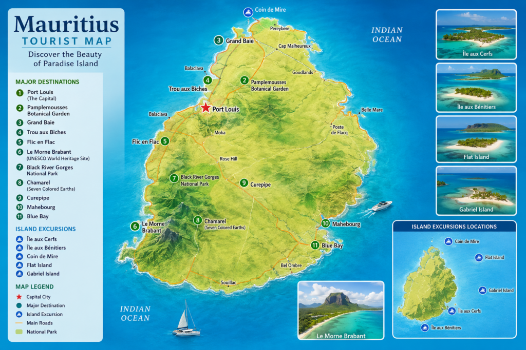 Mauritius map showing major tour destinations and island excursion locations featured in comprehensive Mauritius travel packages