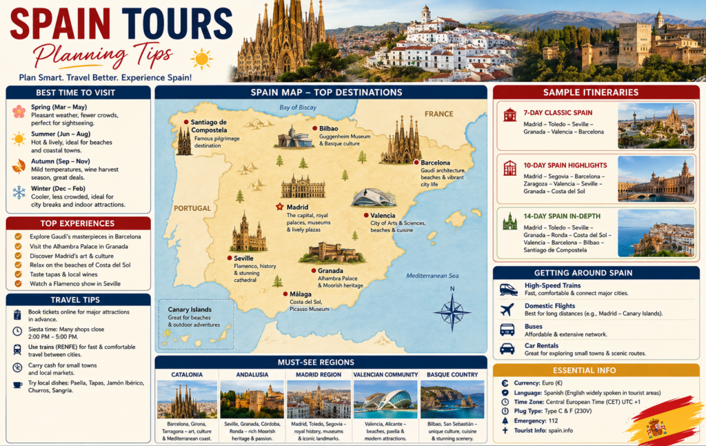 Collage of famous Spanish landmarks including historic architecture and scenic city views, representing popular stops for Spain travel itineraries.